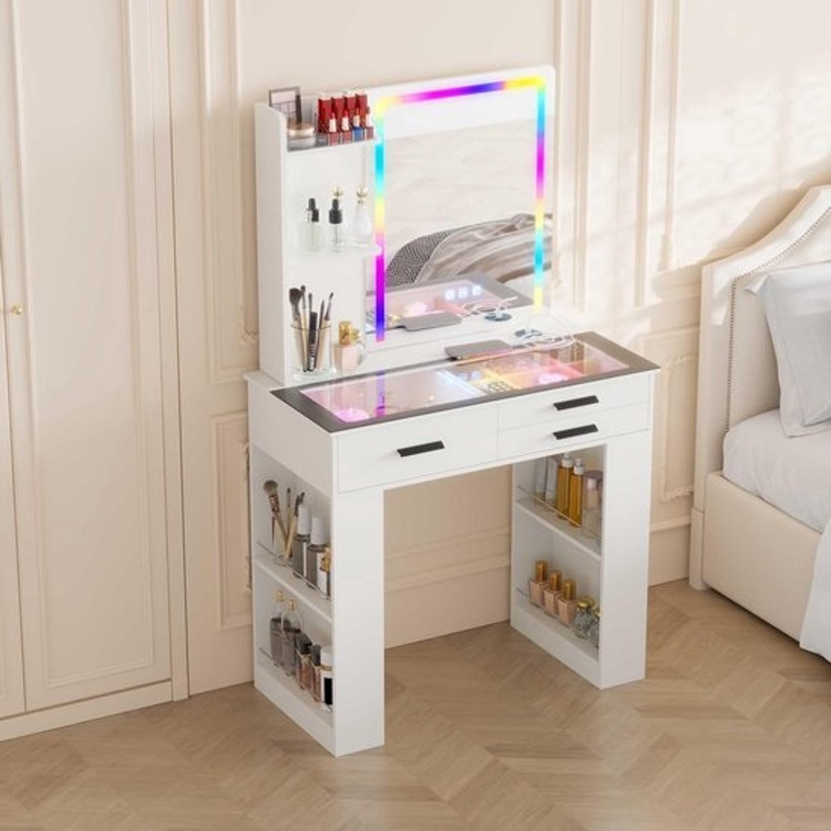 Kaptafel met Spiegel en LED Verlichting, Make-up Tafel met Opberglades