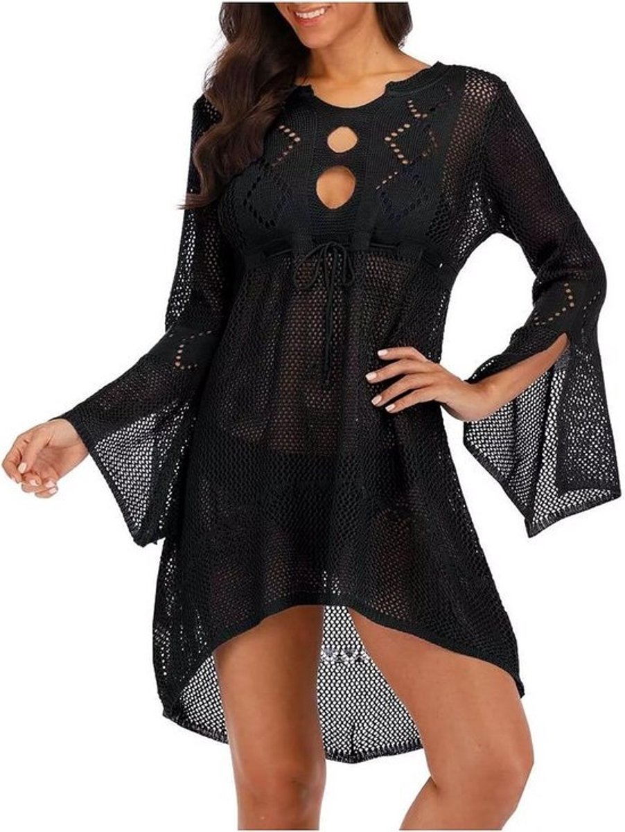 Zomerse Strandjurk in Zwarte Kleur, Gehaakte Stof, Bikini Cover-up (Maat: M)