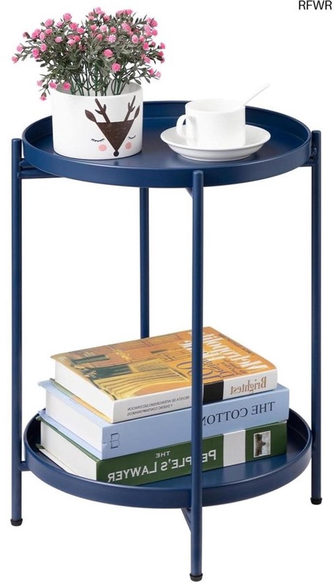 Ronde Bijzettafel Metalen Bijzettafel met 2 Lagen voor Woonkamer, Slaapkamer, Balkon of Terras, Donkerblauw