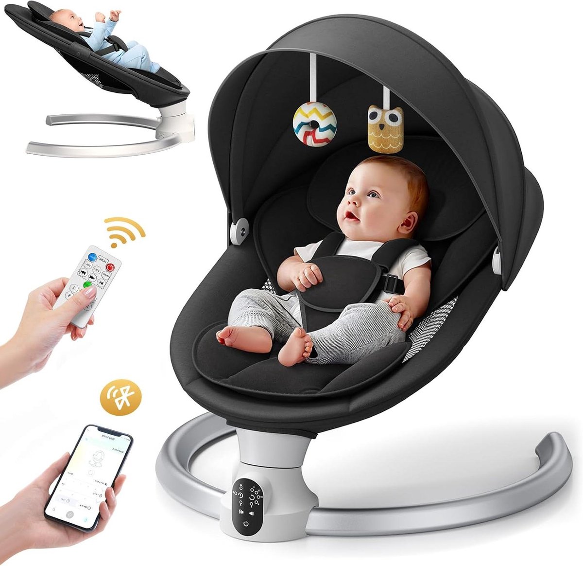 Elektrische Baby Schommel - Baby Bouncer - Baby Ontspanning - App en Bluetooth - 5 Swing Hoeken - Zwart