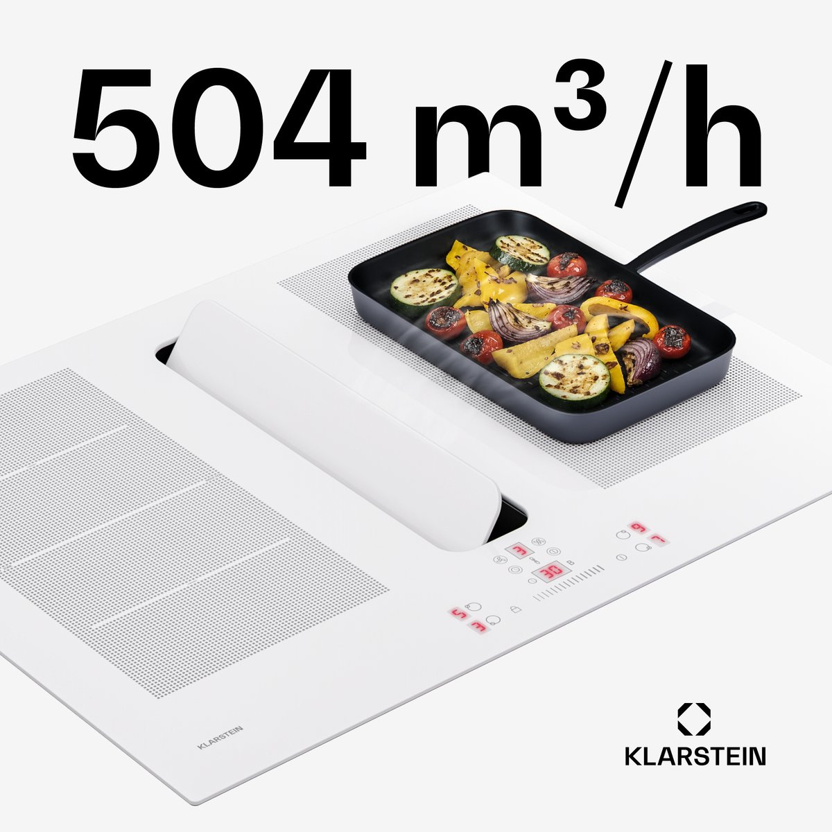 Klarstein ChefFusion inductiekookplaat met afzuiging 70 cm – 4 kookzones, 7200 W, 504,3 m³/u, flexibele kookzones, recirculatie & afvoer
