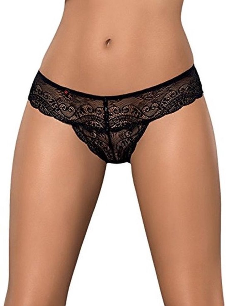 Elegante kanten string tanga met glanzende sierstenen - Zwart - L/XL