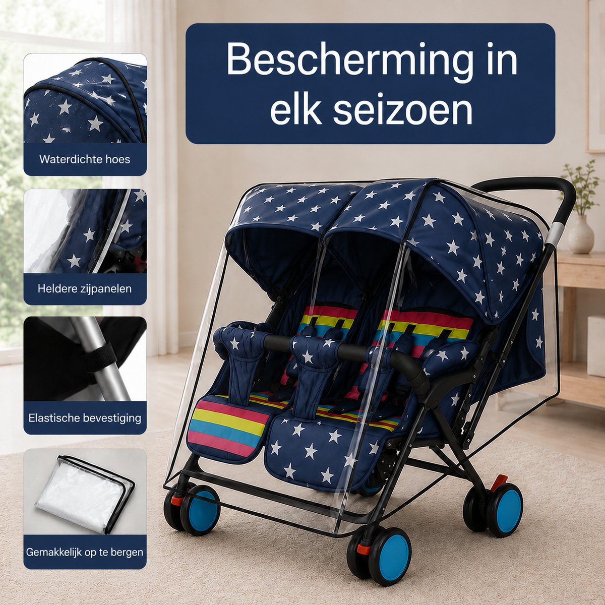 BOTC Regenhoes tweelingwagen - Regenhoes Kinderwagen - Regenscherm voor dubbele Buggy en Kinderwagen – foto 3