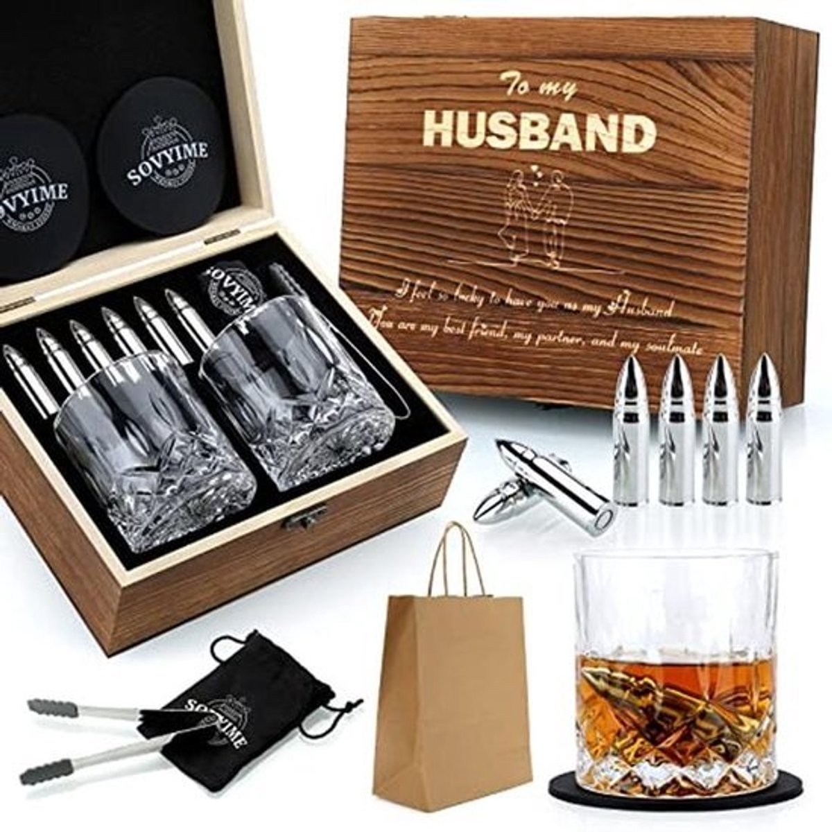 Whiskyglazen Set voor Echtgenoot met Koelstenen - Romantisch Cadeau voor Bruiloft, Verjaardag en Valentijnsdag