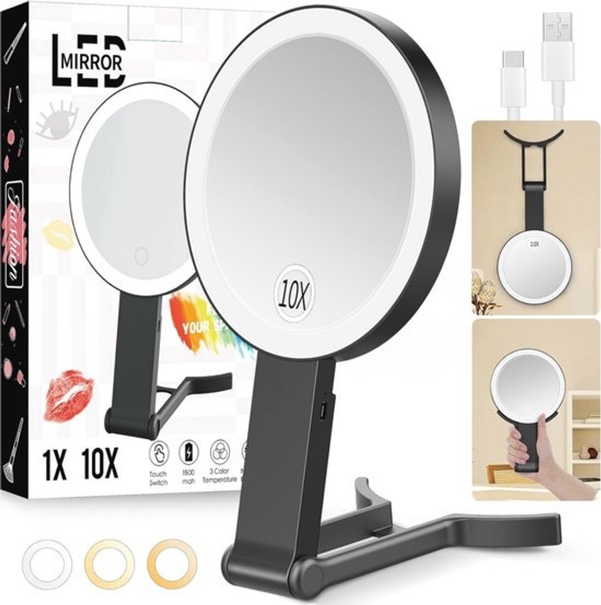 Draagbare Make-up Spiegel met Verlichting en Vergroting - Oplaadbare Dubbelzijdige 10X/1X Spiegel voor Reis