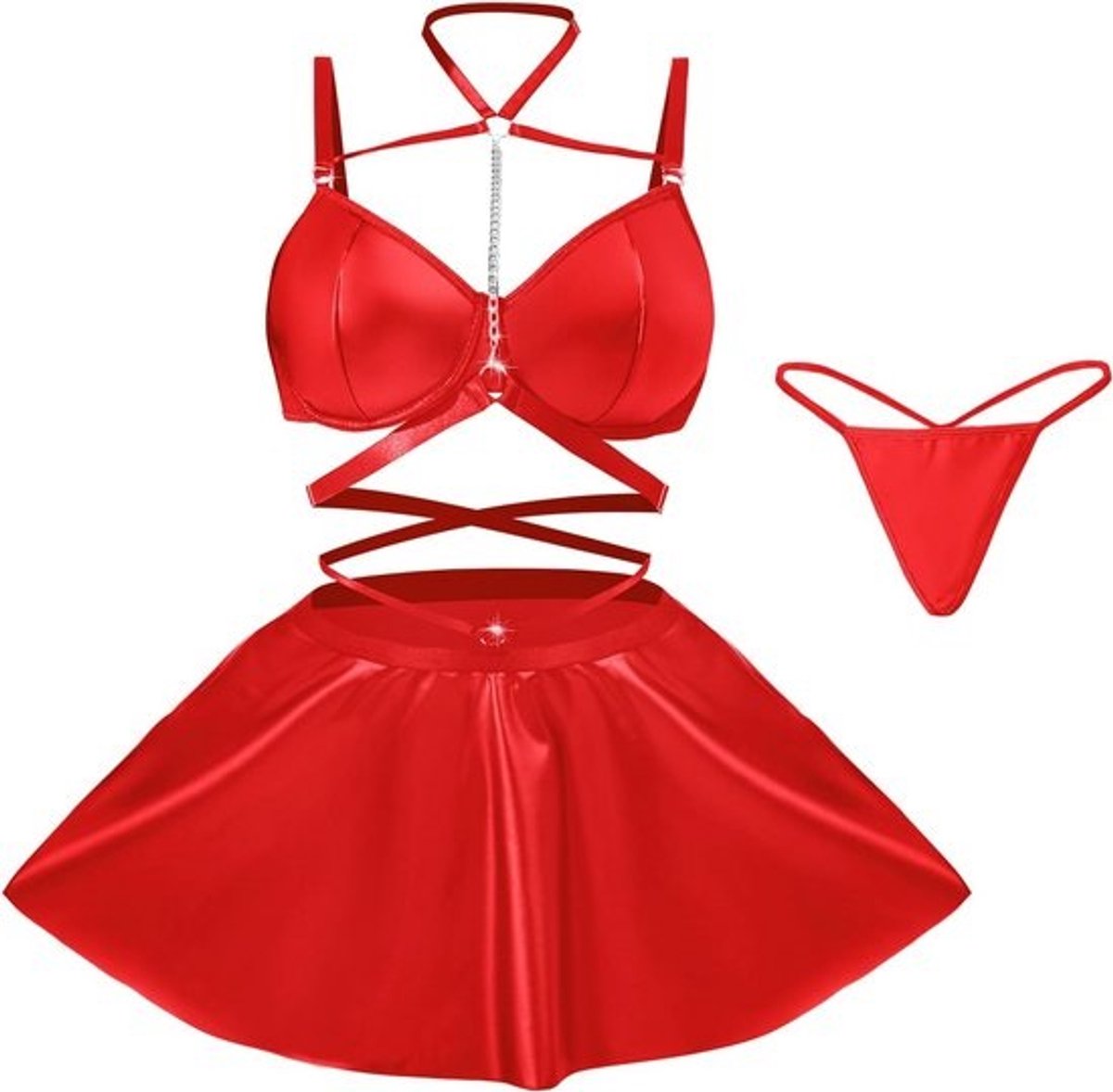 Sexy Kunstleer Halterjurk met Metalen Ketting en Push-up Bh