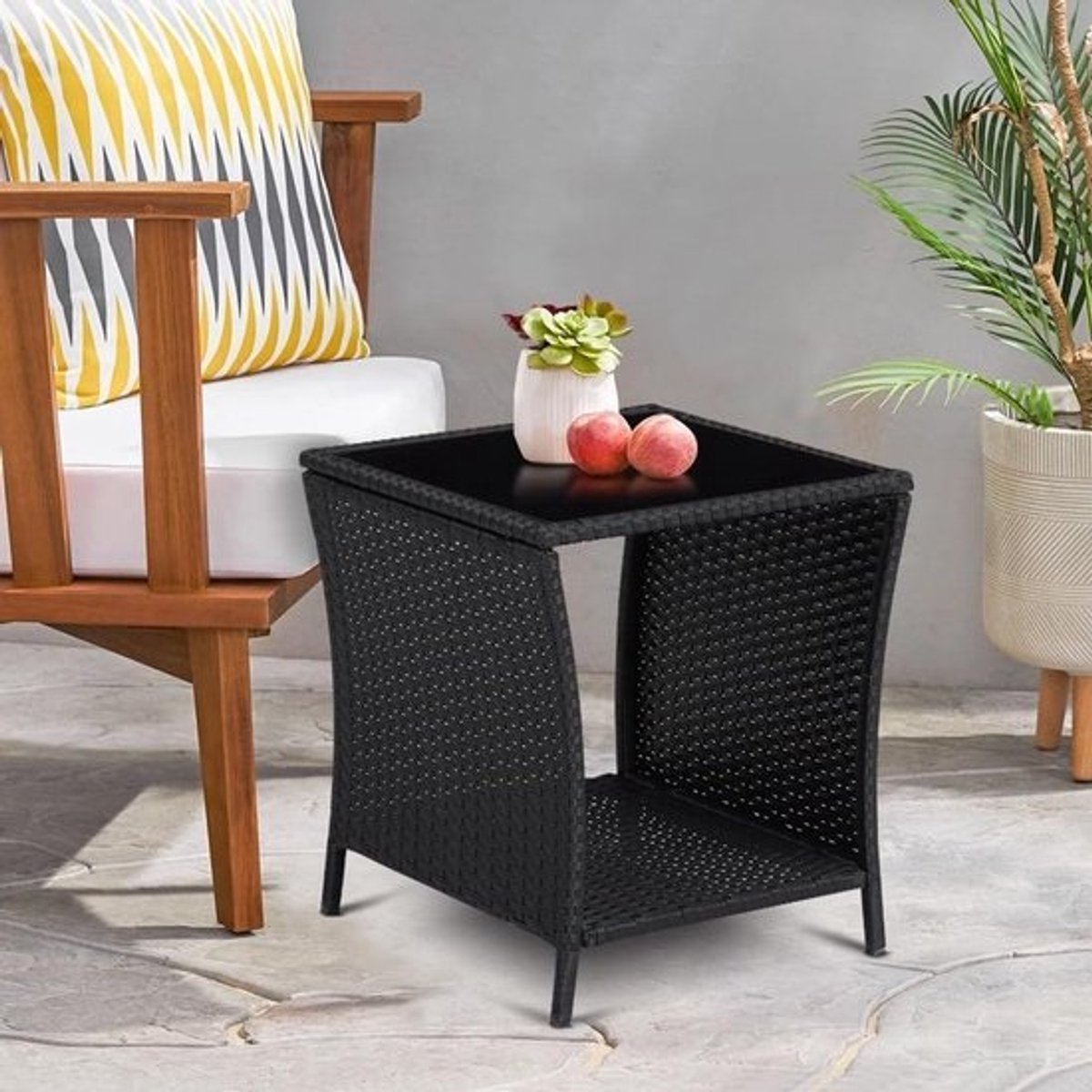 Wicker Bijzettafel Buiten met Opbergvak - Tuin Tafel met Glasplaat Zwart