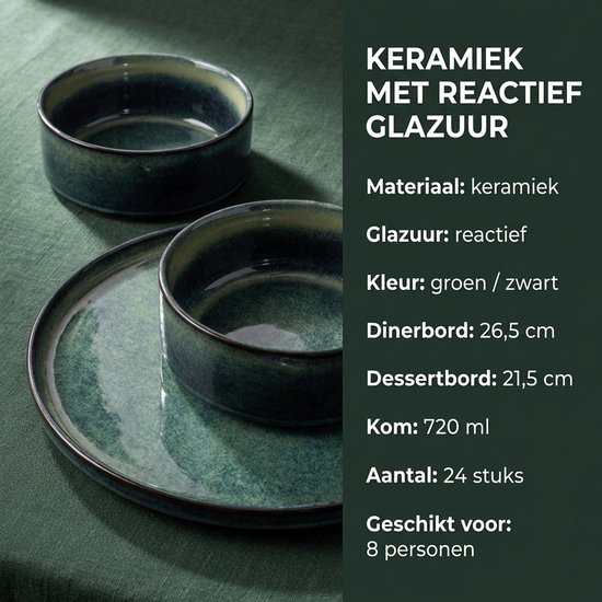 Serviesset 8 Personen - 24-Delig Keramiek - Groen/Zwart Reactief Glazuur - Dinerborden, Dessertborden & Kommen — afbeelding 3