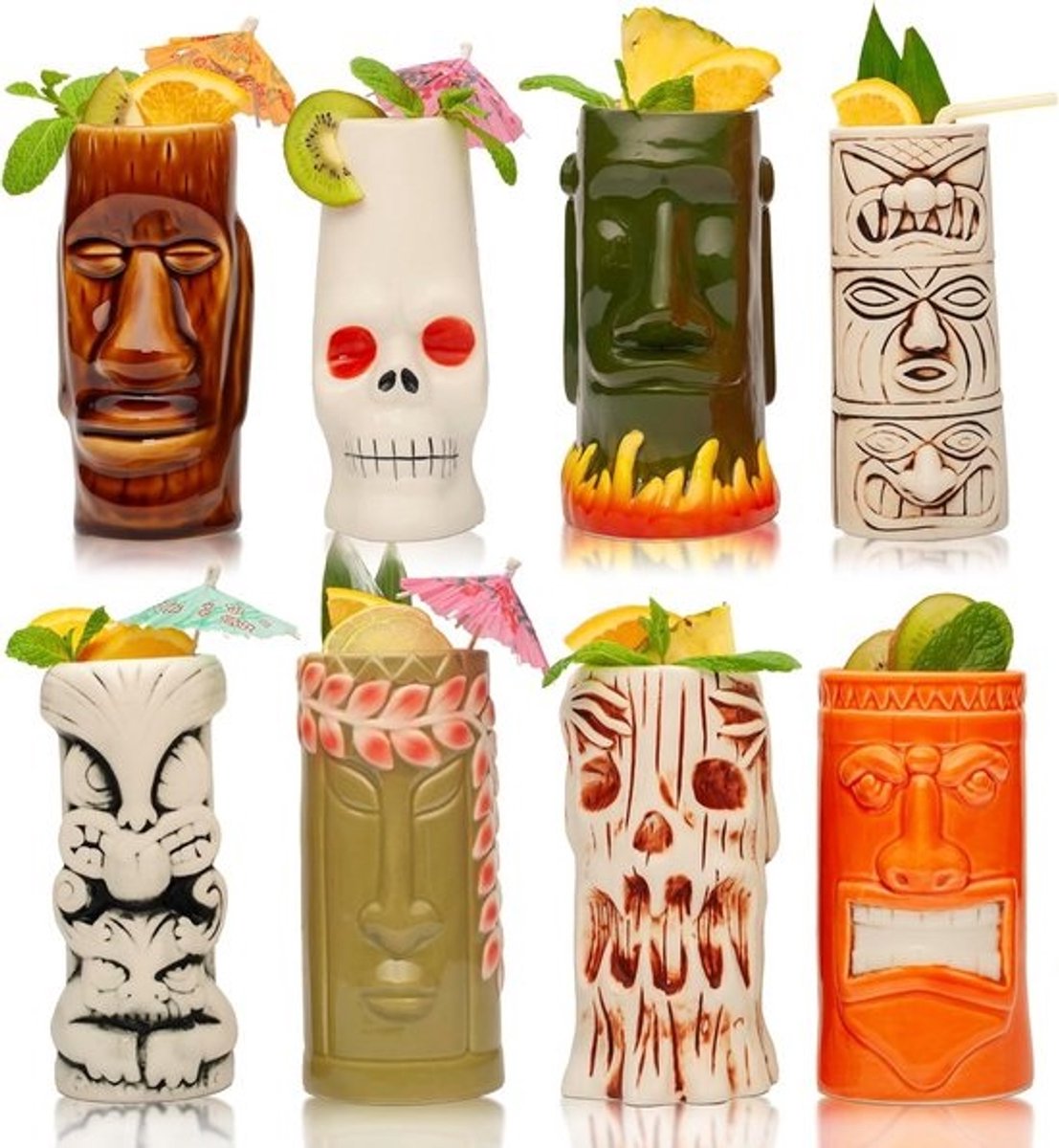 Set van 8 Handgeschilderde Keramische Tiki Mokken voor Tropische Cocktails