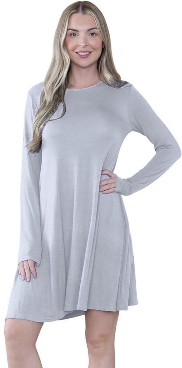 Dames Lange Mouw Effen Ronde Hals Swing Jurk A-Lijn Plus Size
