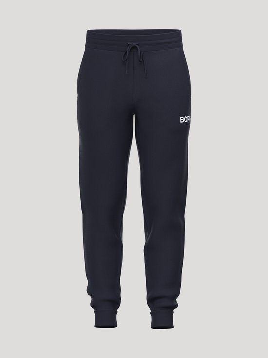 Donkerblauwe joggingbroek met trekkoord en logo 'BORG'. Voorkant van de broek te zien.