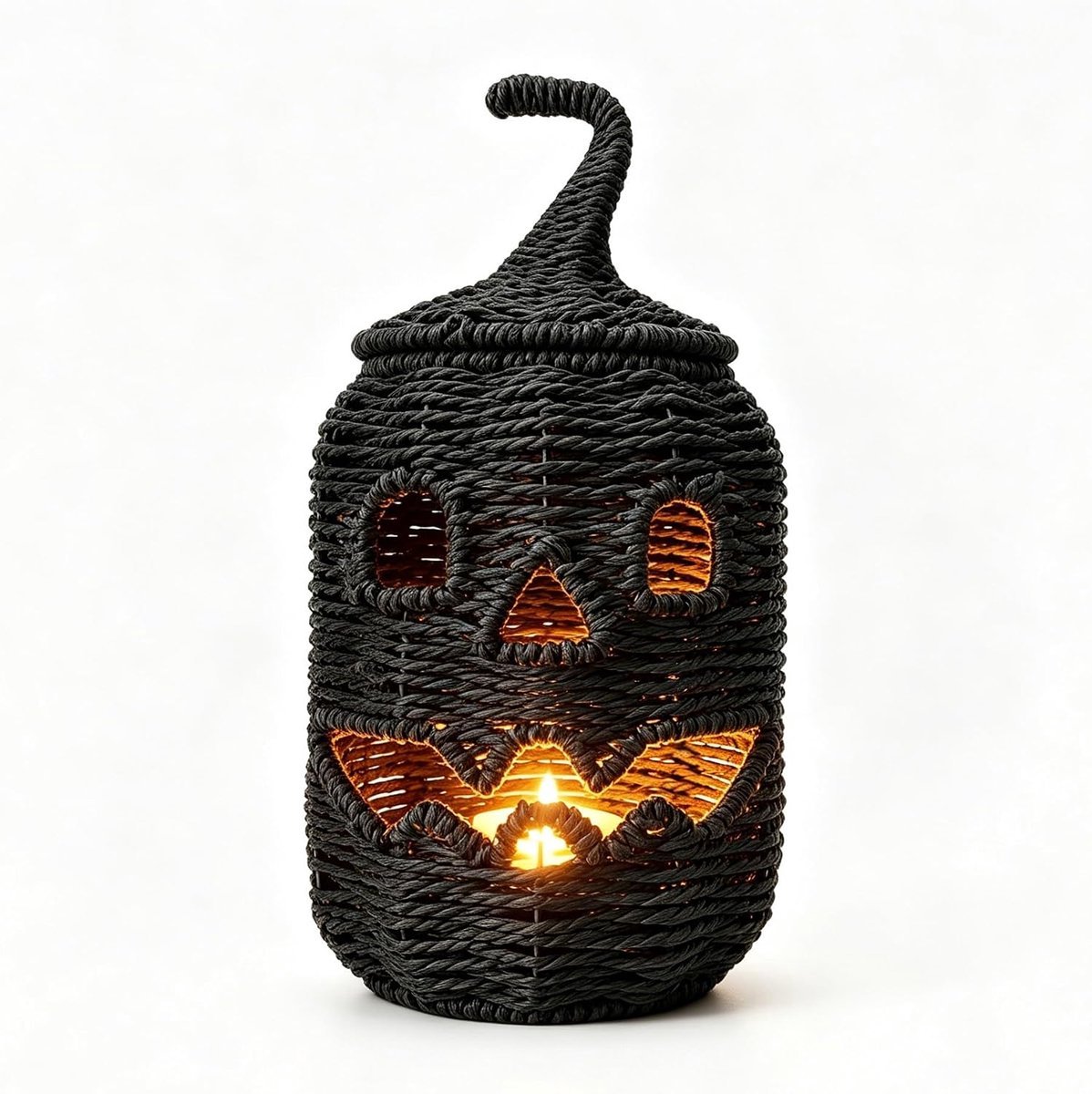 Casalora® Halloween Pompoen Lantaarn - Inclusief LED Kaars - Handgeweven Rotan Jack-o'-Lantern Snoepmand - Trick-or-Treat Emmer met Handvat - Halloween Decoratie - Zwart - 26 × 20 cm