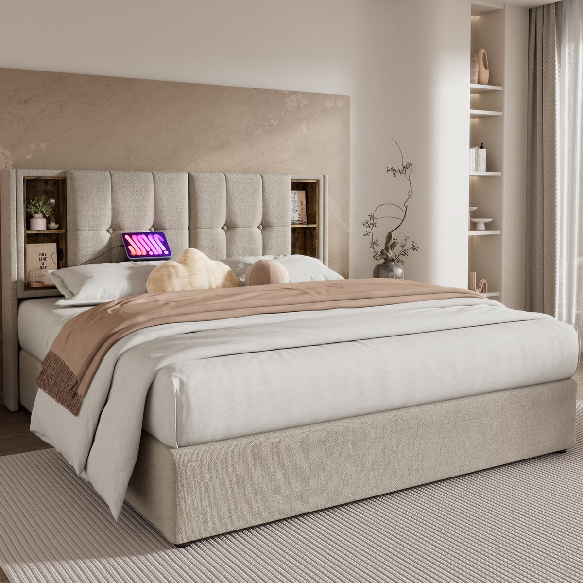 Bedframe – 180 x 200 cm – Stauraum En Draadloos Laden – Stof – Natural – Tweepersoonsbed – USB En Type C