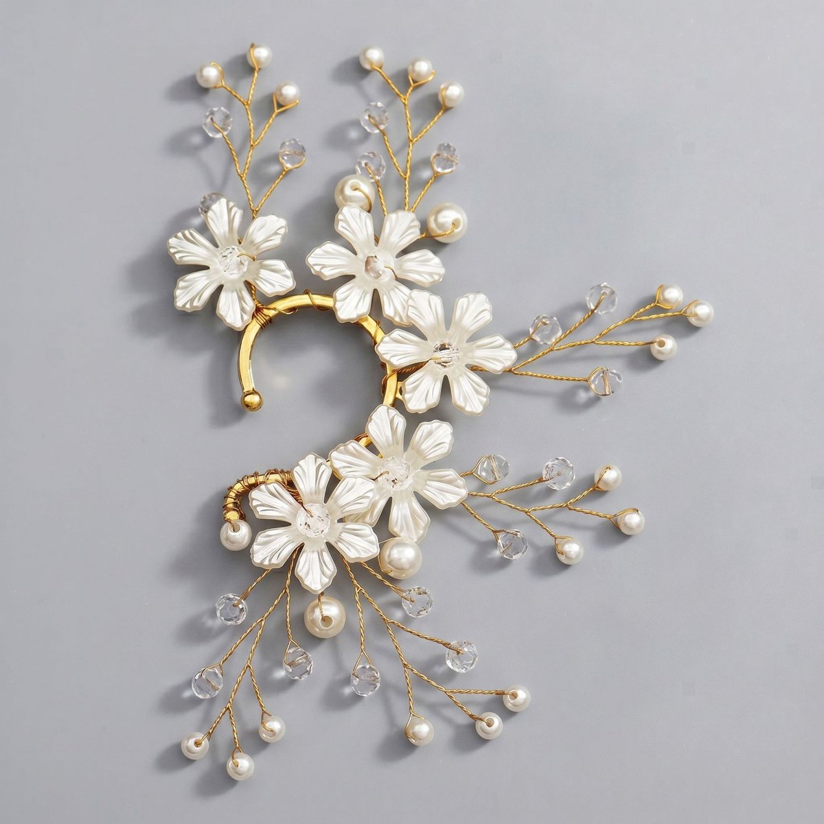 Elfen Oor Cuff, Handgemaakte Bloem Blad Oorversiering, Zonder piercing oorhaak voor bruiloft en fotoshoot，Bloemenrank-parel-oorbelhaakjes