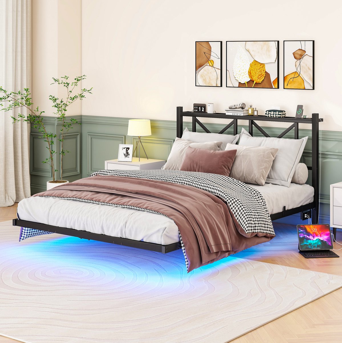 Bedframe 140x200 cm - Zwevend ontwerp met ledverlichting en laadstation - Metaal - Zwart - Met hoofdbord