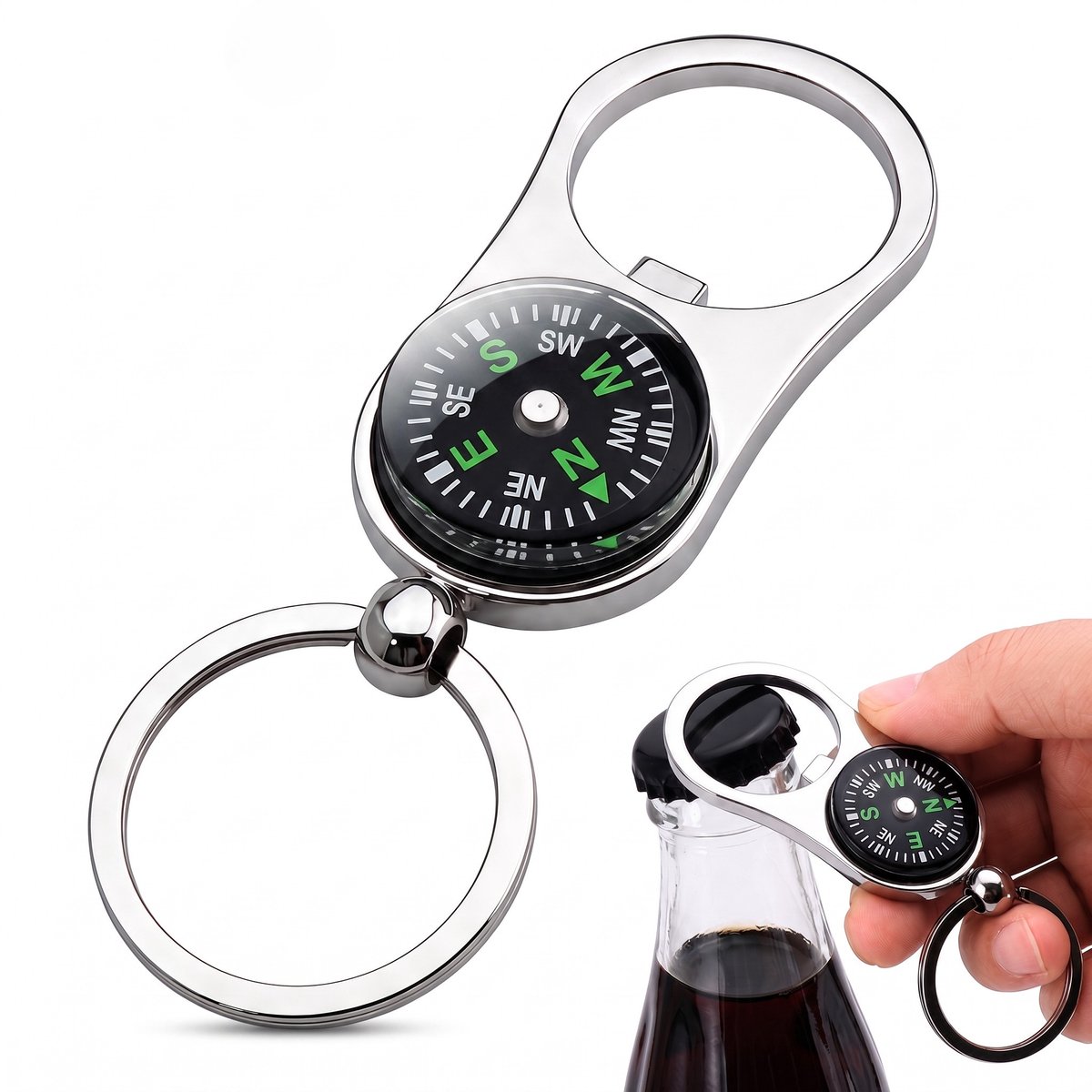 Ainy - Kompas Sleutelhanger met Flesopener | 3-in-1 Multitool | Robuust Metaal | Zilver Gadget | Keychain Speelgoed Accessoire voor Sleutelbos, Rugzak of Auto