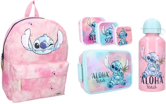 Roze rugzak en lunchset met Stitch, met een tie-dye patroon en pastelkleurige bladeren.