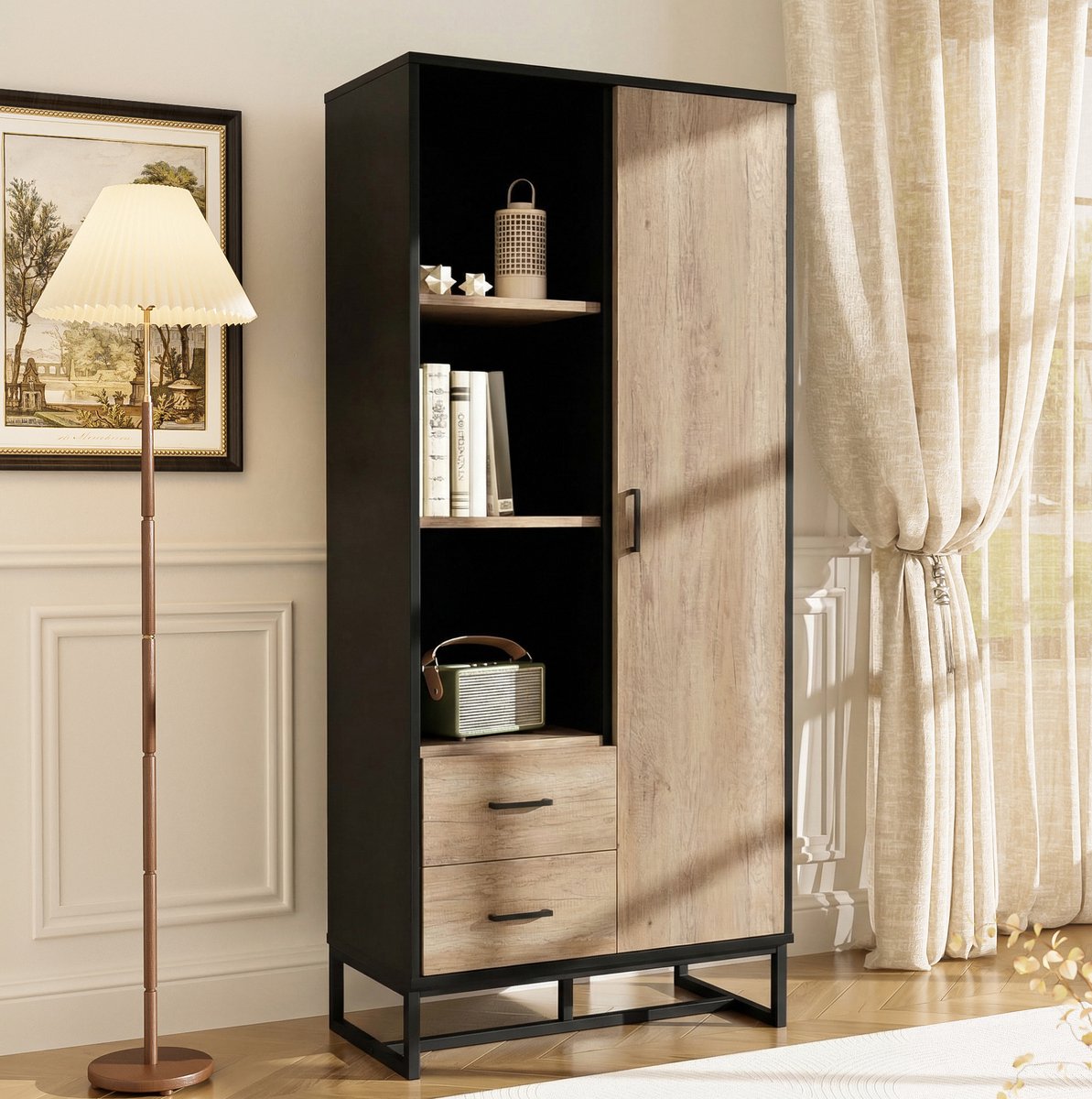 REDOM - Highboard kast - 1 deur, 2 lades en 3 open vakken - Veel opbergruimte - Industrieel - Woonkamer, kantoor en hal - MDF en metaal - Zwart en houtkleur - 80 x 40 x 180 cm