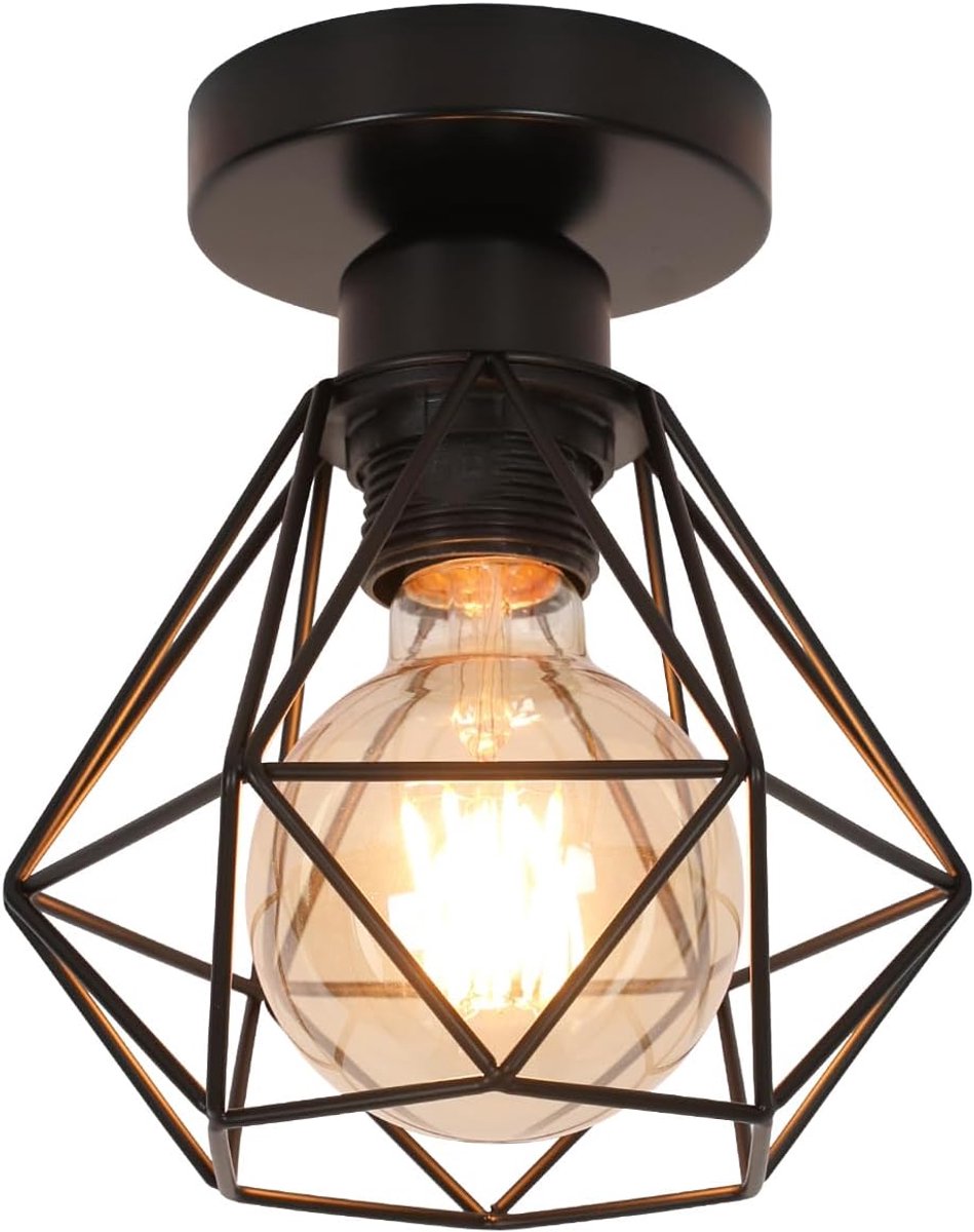 Riserva Industriële Plafondlamp, Retro IJzeren Diamantvormige Plafondverlichting Zwart, E27 Fitting Zonder Lamp, voor Woonkamer, Eetkamer, Keuken