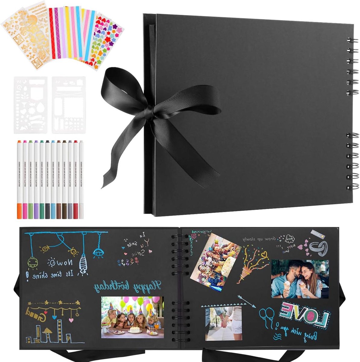 Aanpasbaar Fotoalbum - Scrapbook Album - Herinneringen Bewaren - Inclusief Metallic Pennen - 80 Pagina's - Zwart