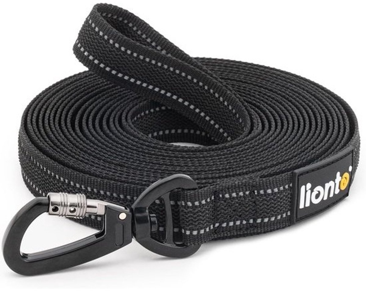 lionto Sleepriem, 20 m, rubberen Riem met handlus en 360° metalen karabijnhaak met veiligheidspal, reflecterende Hondenriem van robuust, weerbestendig nylon, zwart