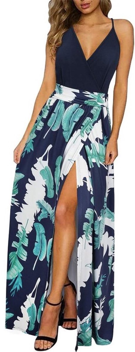 Zomerjurk Dames V-hals Korte Mouw Casual Maxi Jurk met Split