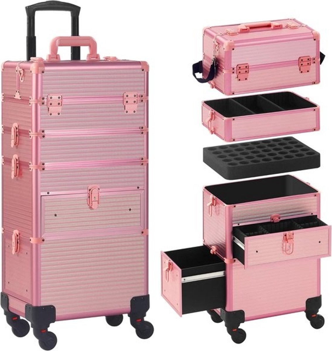 Rollende make-upkoffer met lade en 4 lagen - Professionele cosmetische koffer voor kappers
