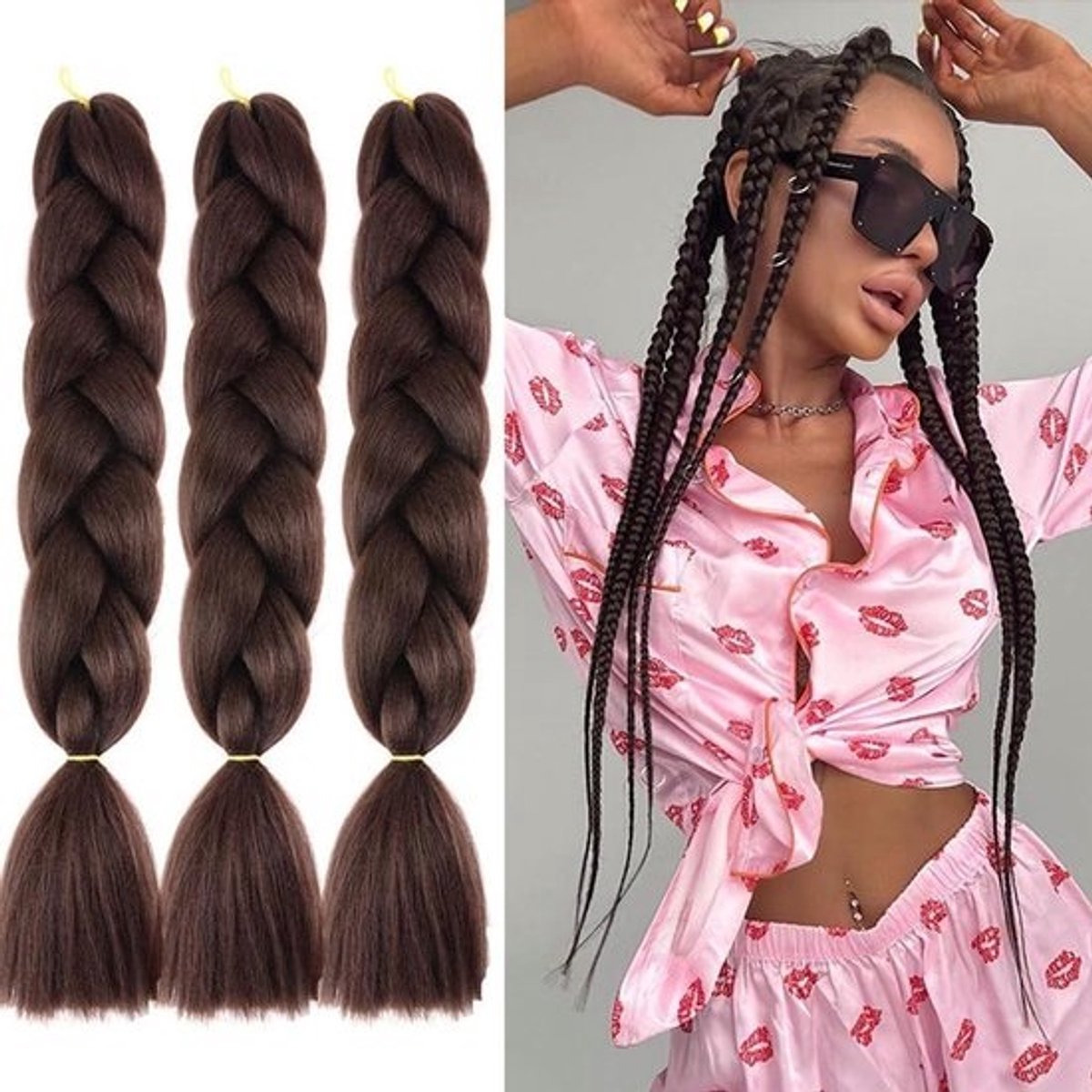 Synthetische Vlecht Extensions Donkerbruin 61 cm - 3 Delig Vooraf Gestrekt Haar