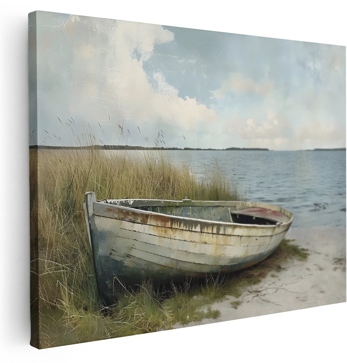 Artaza Canvas Schilderij Landschap Kust - 160x120 cm - Groot - Wanddecoratie Zee Natuur - Muurdecoratie Roeiboot Landelijk - Schilderijen Op Canvas