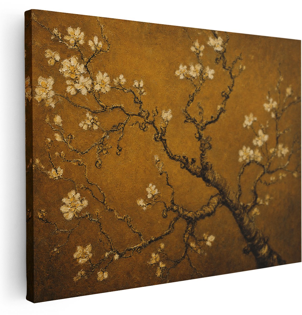 Artaza Canvas Schilderij Amandelbloesem Goud - Bloemen Kunst - 160x120 cm - Groot - Klein - Wanddecoratie Woonkamer - Schilderijen - Muurdecoratie