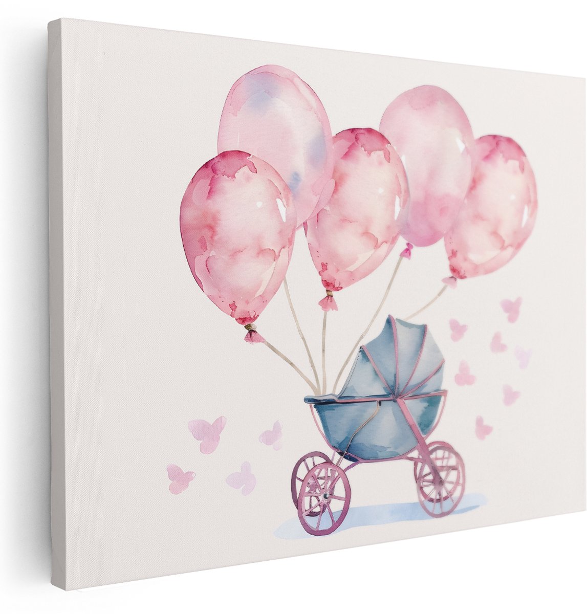 Artaza Canvas Schilderij Kinderwagen - 160x120 cm - Groot - Wanddecoratie Babykamer - Muurdecoratie Roze Ballonnen - Decoratie Vlinders Aquarel