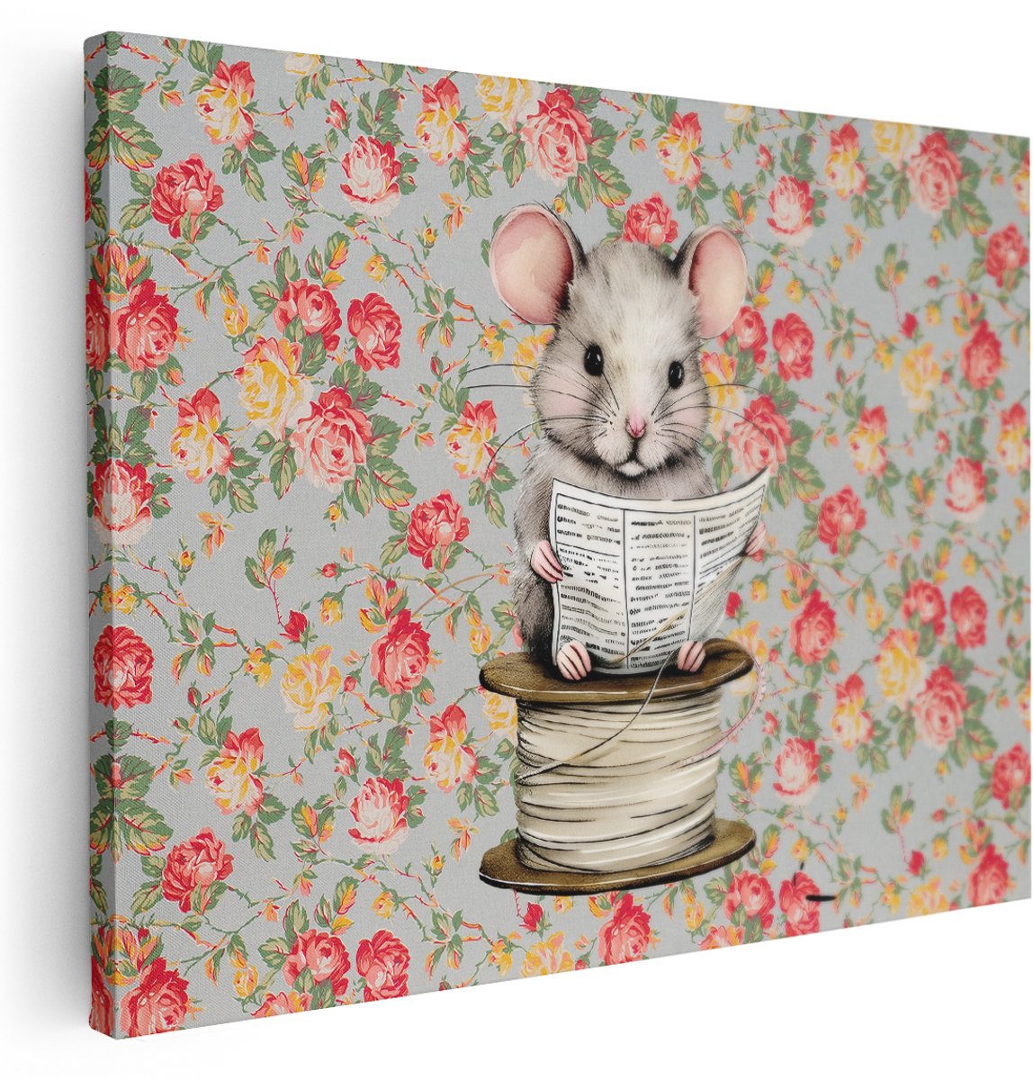 Artaza Canvas Schilderij Muis Met Krant - 160x120 cm - Groot - Wanddecoratie Babykamer - Muurdecoratie Rozen - Schilderijen Dieren