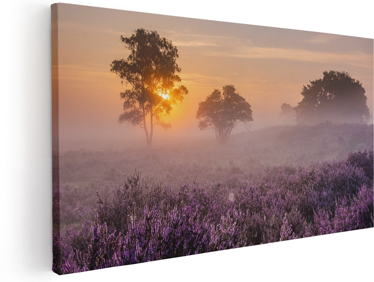 Artaza Canvas Schilderij Weide in de Veluwe bij Zonsondergang - 180x90 cm - Groot - Wanddecoratie Woonkamer - Schilderijen - Muurdecoratie