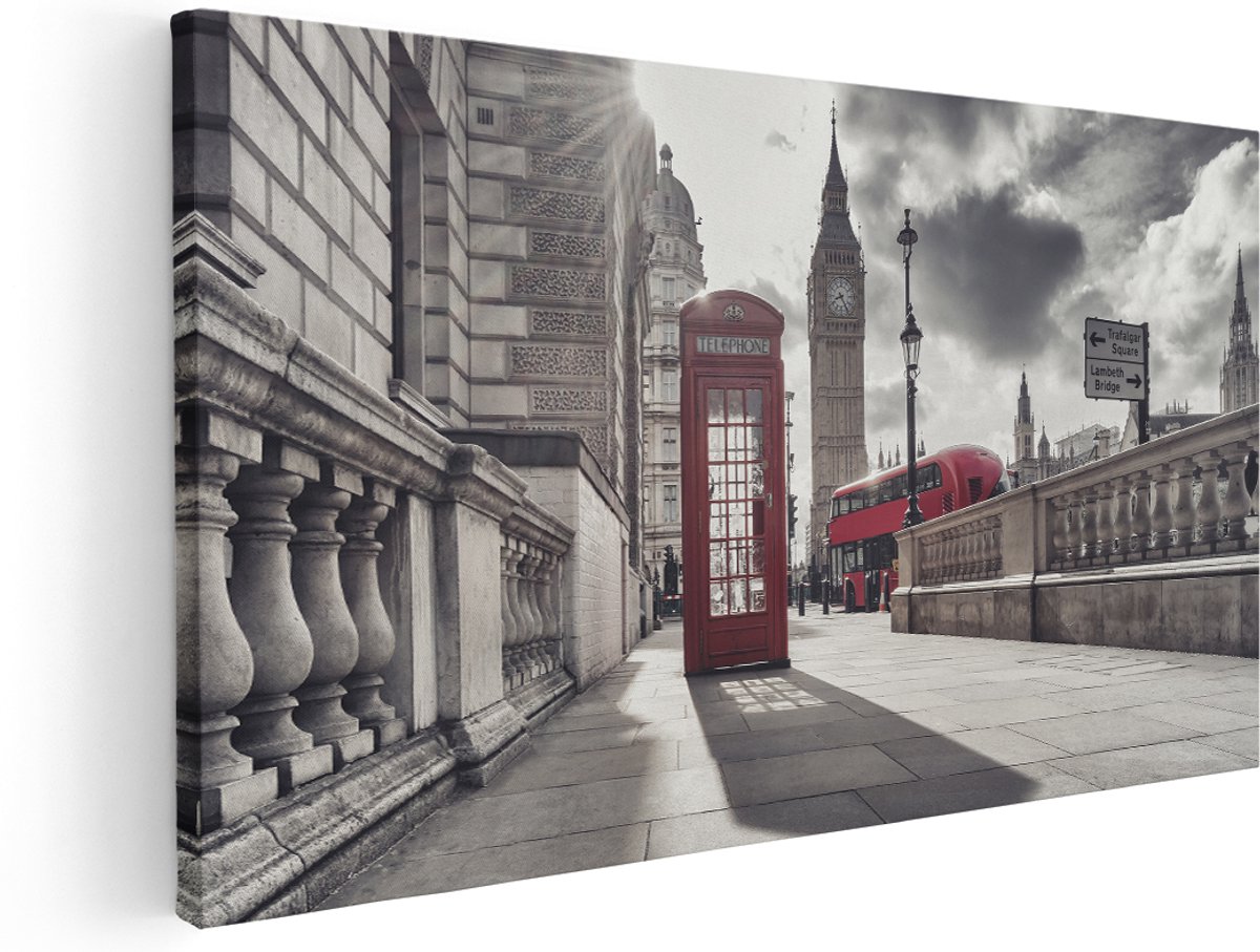 Artaza Canvas Schilderij Rode Telefooncel in Londen bij de Big Ben - 180x90 cm - Groot - Wanddecoratie Woonkamer - Schilderijen - Muurdecoratie