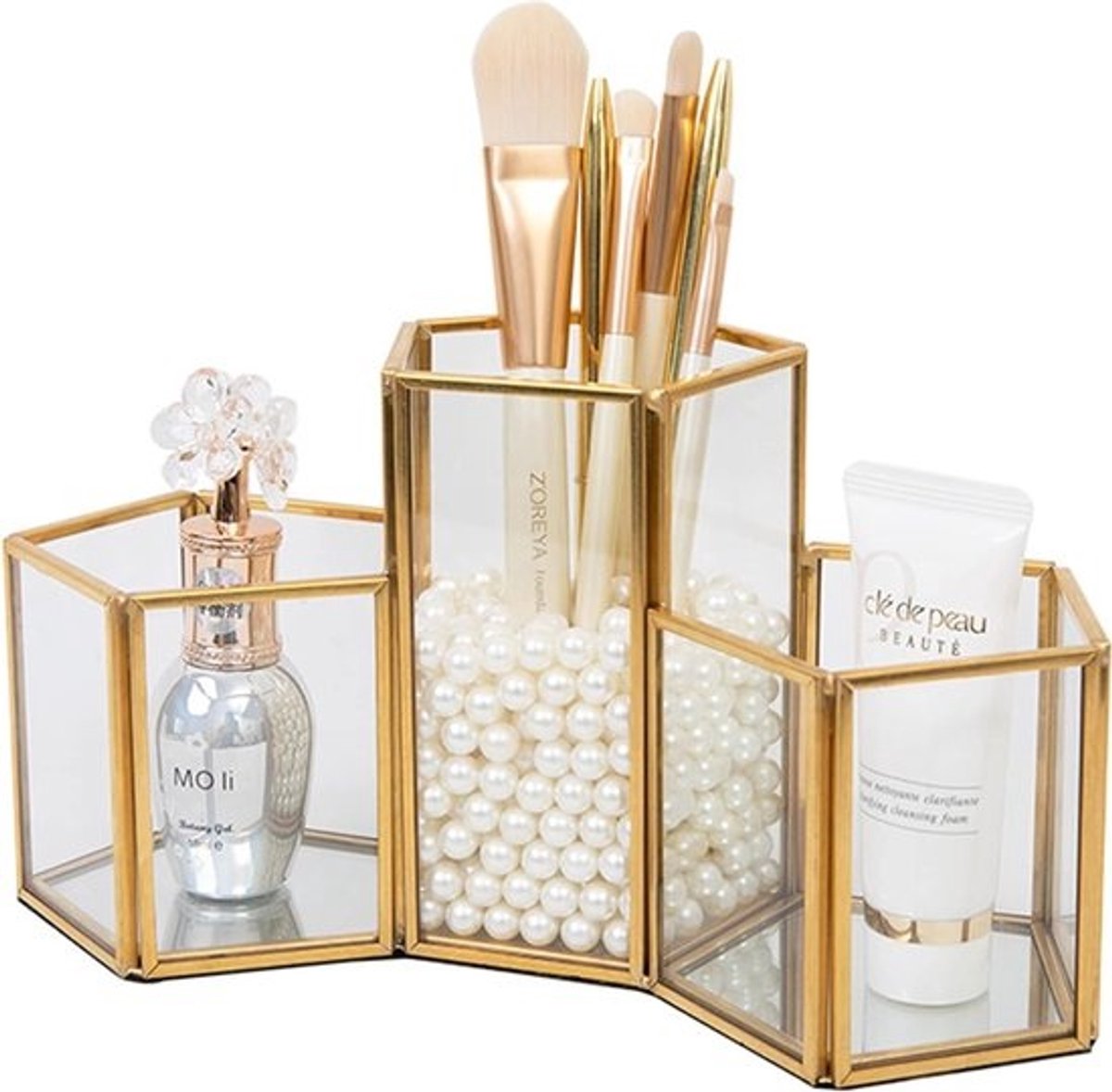 Elegante Make-upkwastenhouder met 3 Compartimenten - Gouden Cosmetische Organizer van Glas