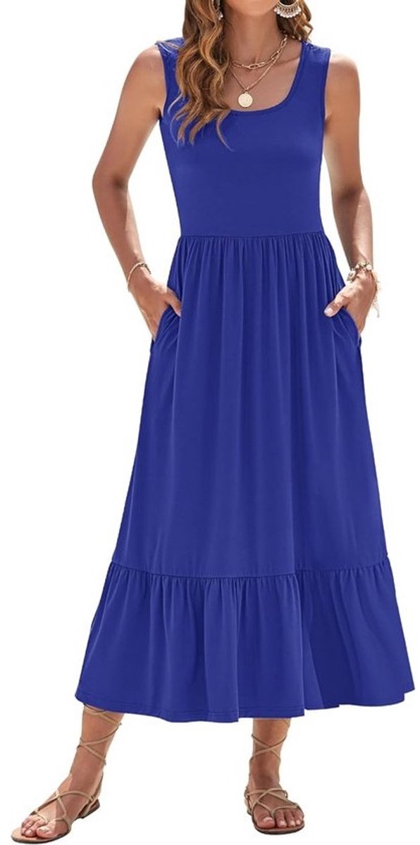 Zomerjurk Dames Maxi Jurk Lange Mouwloze Jurk U-hals met Empire Taille en Zakken