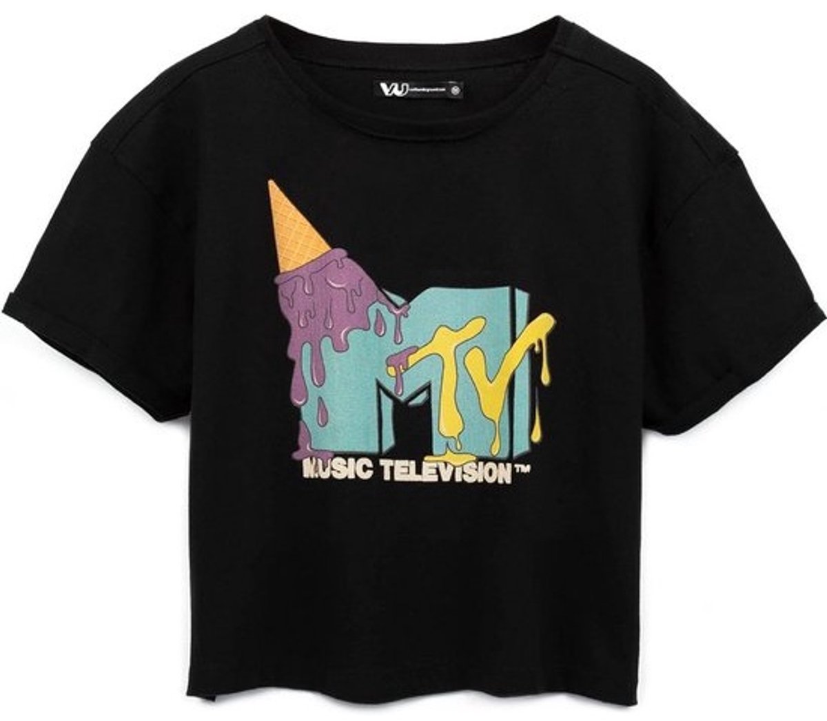 Cropped T-shirt voor dames | Muziek en Festival Kleding | Distressed Ice Cream Logo Zwart