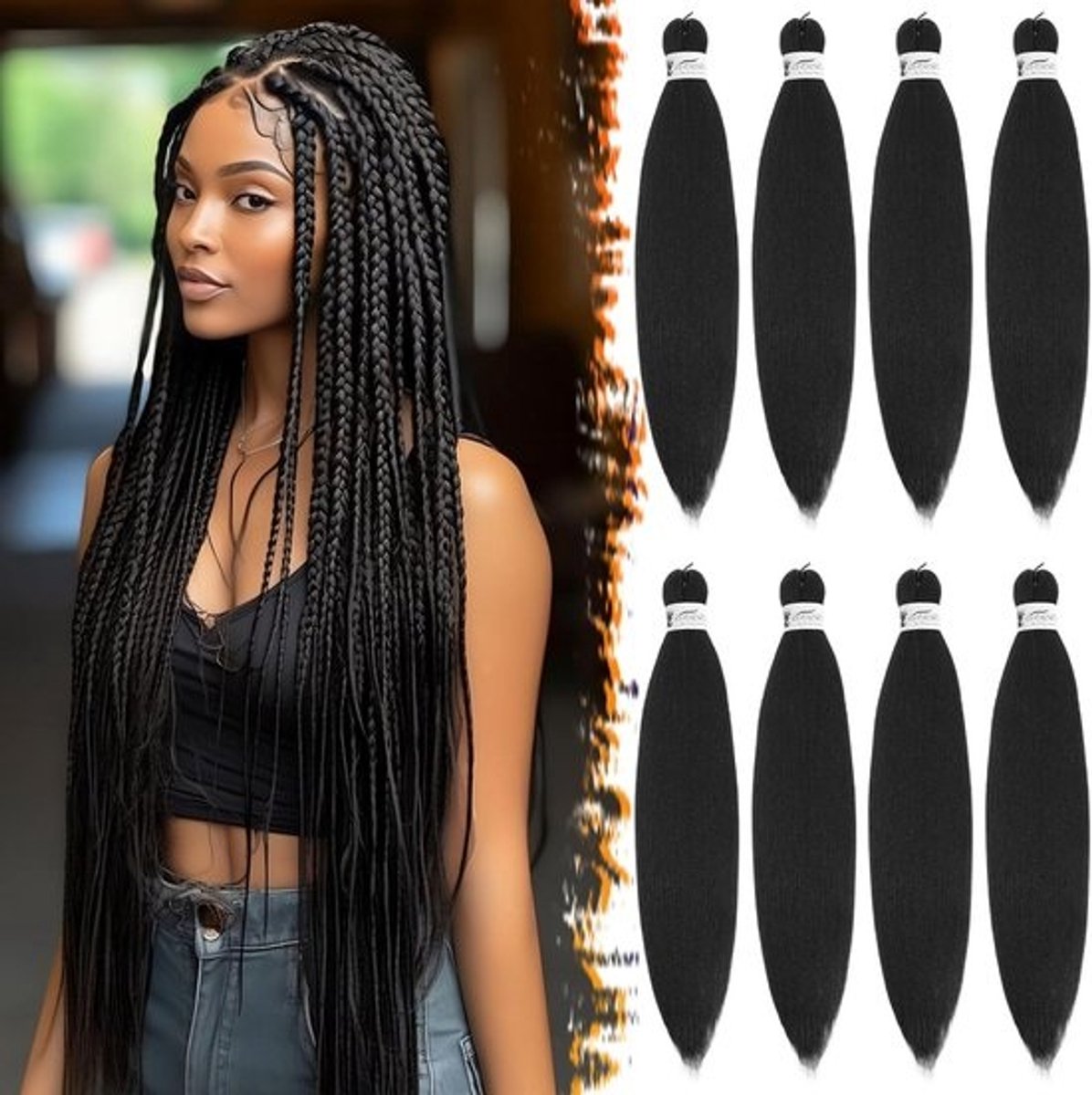 Voorgerekt Vlechthaar 66cm - 8 Packs Gitzwart Gemakkelijke Vlechten Extensions - Synthetisch Gehaakt Vlechthaar Yaki-textuur