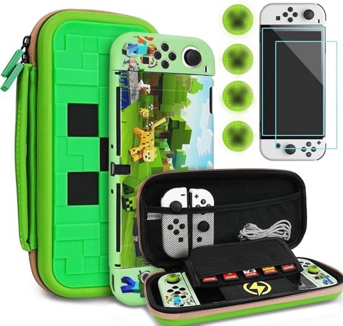 Draagbare Opbergkoffer Groen voor Switch OLED - Inclusief Beschermhoes, Screenprotector en Thumb Grips