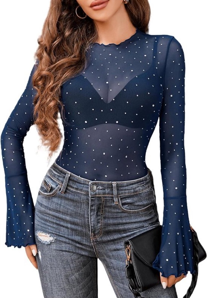 Dames Blouse met Lange Klokmouwen en Strass Steentjes - Glitter Shirt voor Feest en Club