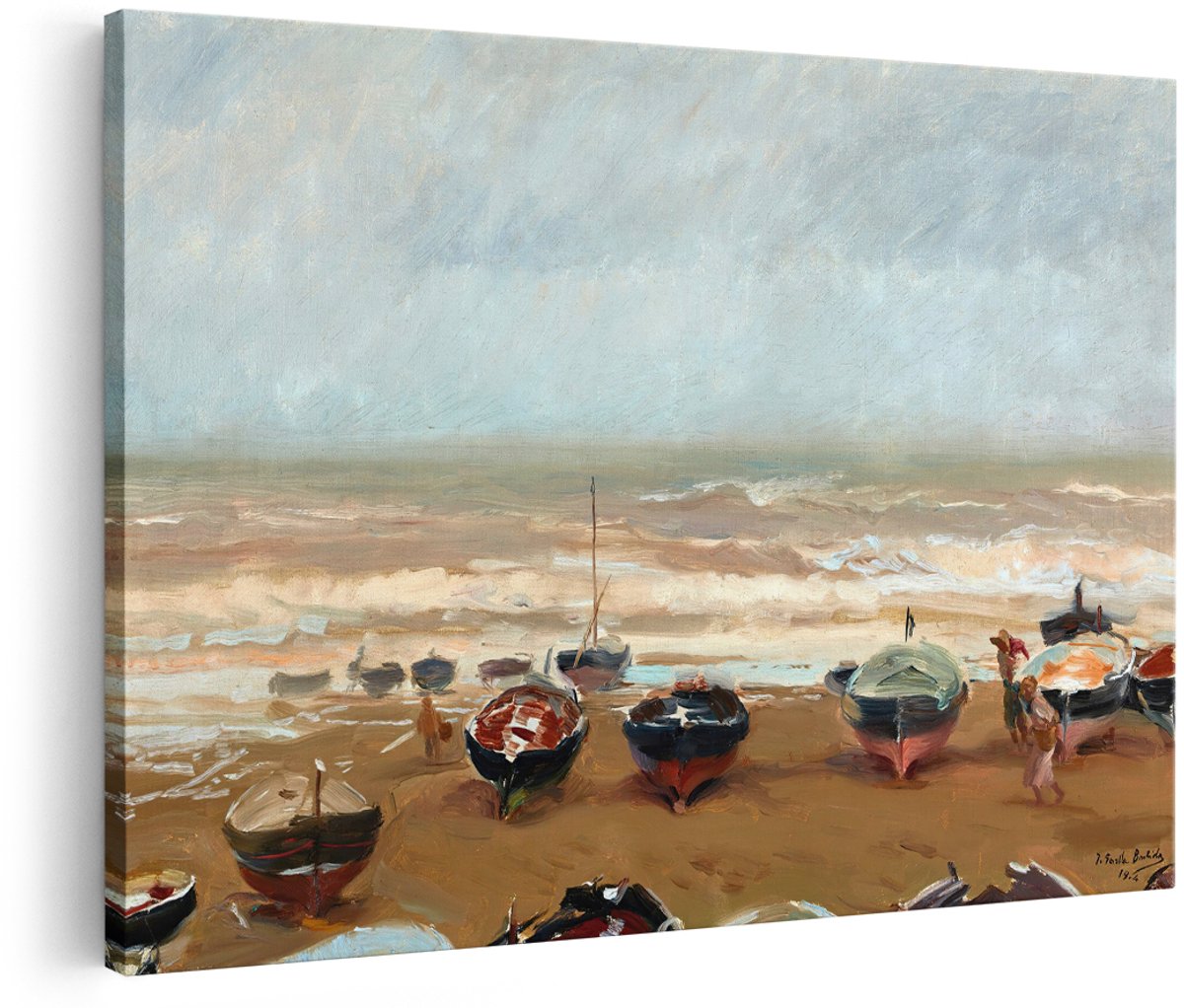 Artaza Canvas Schilderij Strand - 150x100 cm - Groot - Wanddecoratie Zee - Muurdecoratie Vissersboten - Decoratie Landschap Sorolla