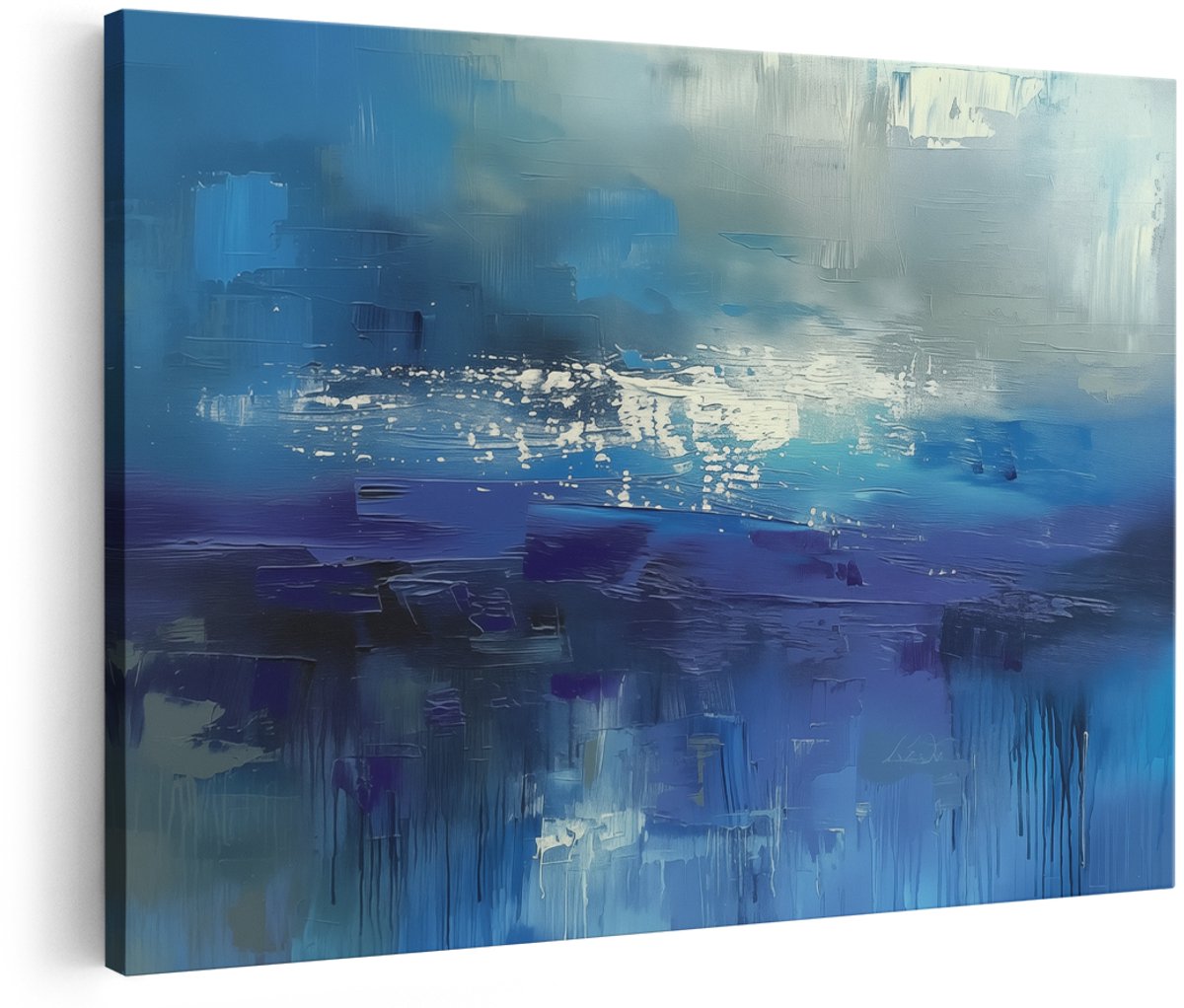 Artaza Canvas Schilderij Abstract Kunstwerk van Blauw en Wit - 150x100 cm - Groot - Wanddecoratie Woonkamer - Schilderijen - Muurdecoratie