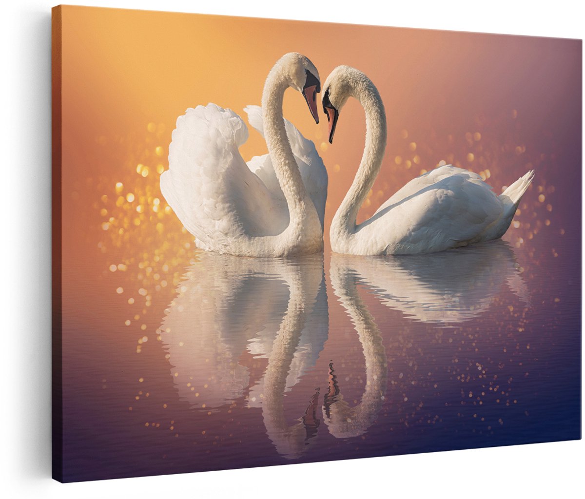 Artaza Canvas Schilderij Zwanen Koppel in een Hart Vorm - 150x100 cm - Groot - Wanddecoratie Woonkamer - Schilderijen - Muurdecoratie