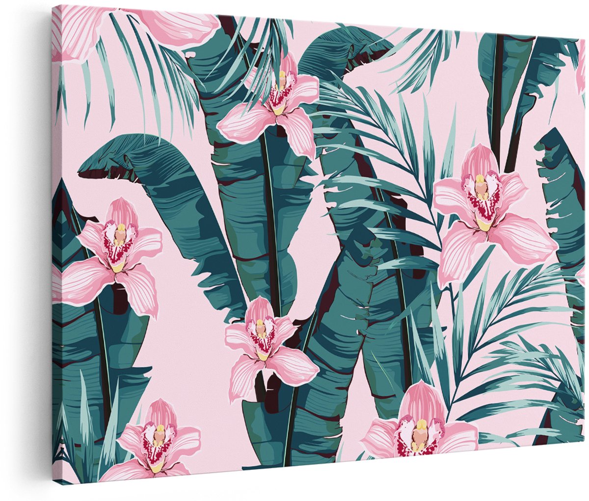 Artaza Canvas Schilderij Tropische Roze Zomer Bloemen Met Bladeren - 150x100 cm - Groot - Foto Op Canvas - Wanddecoratie Woonkamer