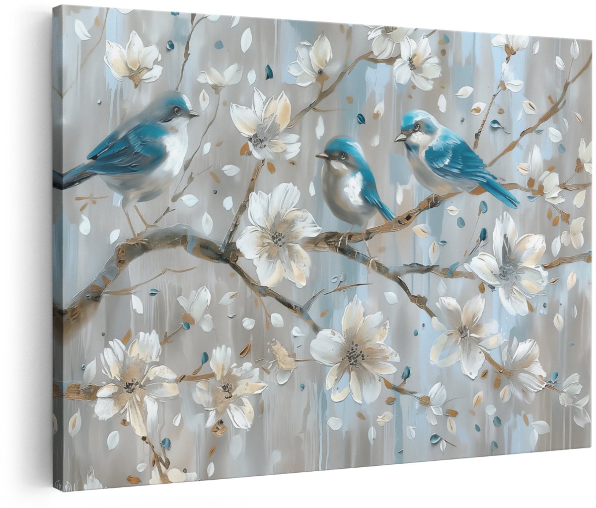 Artaza Canvas Schilderij Blauwe Vogels op een Boomtak - Dieren - 150x100 cm - Groot - Wanddecoratie Woonkamer - Schilderijen - Muurdecoratie