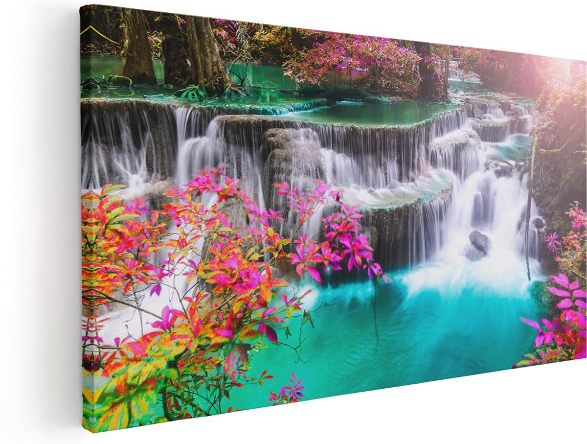 Artaza Canvas Schilderij Waterval In De Herfst Met Kleurrijke Bloemen - 140x70 cm - Groot - Wanddecoratie Woonkamer - Schilderijen - Muurdecoratie