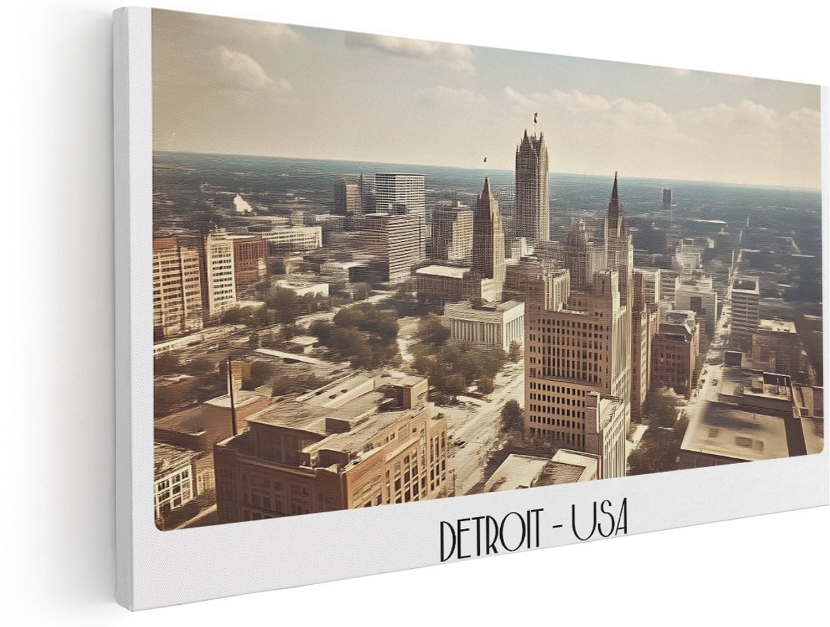 Artaza Canvas Schilderij Detroit USA - 140x70 cm - Groot - Wanddecoratie Wolkenkrabbers - Muurdecoratie Vintage Stad - Kamer Accessoires Kantoor