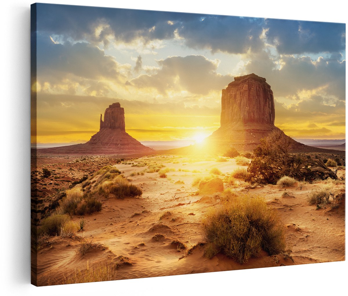 Artaza Canvas Schilderij Zonsondergang In Woestijn Monument Valley - 150x100 cm - Groot - Foto Op Canvas - Wanddecoratie Woonkamer