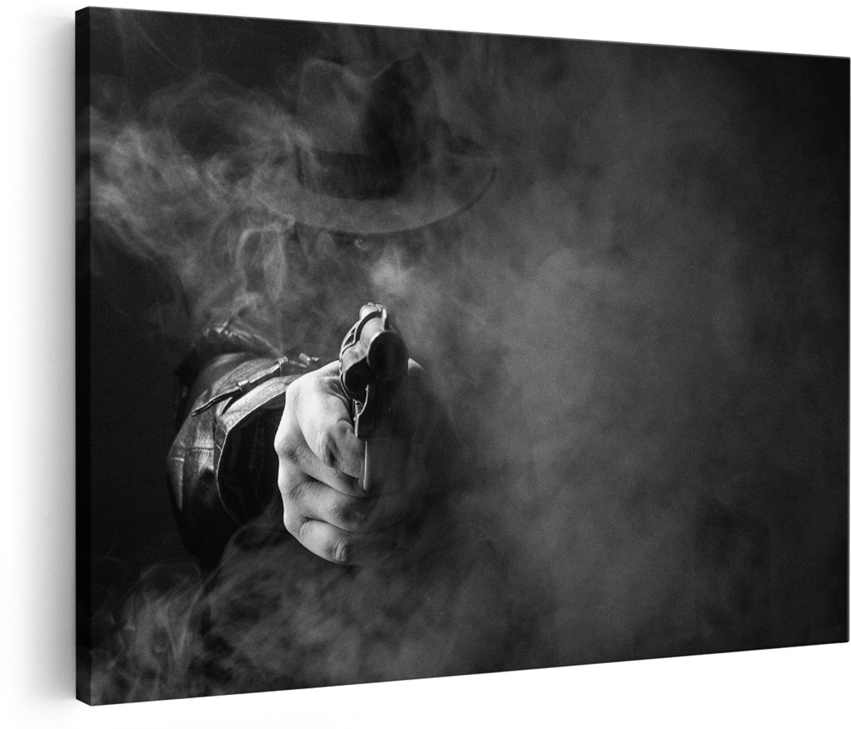 Artaza Canvas Schilderij Man Met Een Hoed Trekt Zijn Pistool - Zwart Wit - 150x100 cm - Groot - Wanddecoratie Woonkamer - Schilderijen - Muurdecoratie