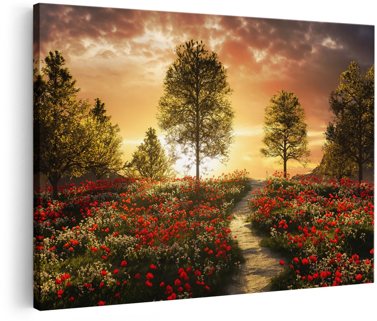 Artaza Canvas Schilderij Mooi Landschap met Rode Bloemen en Zonsondergang - 150x100 cm - Groot - Foto Op Canvas - Wanddecoratie